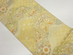 服部織物製　向かい騎馬人物に花唐草模様織出し袋帯